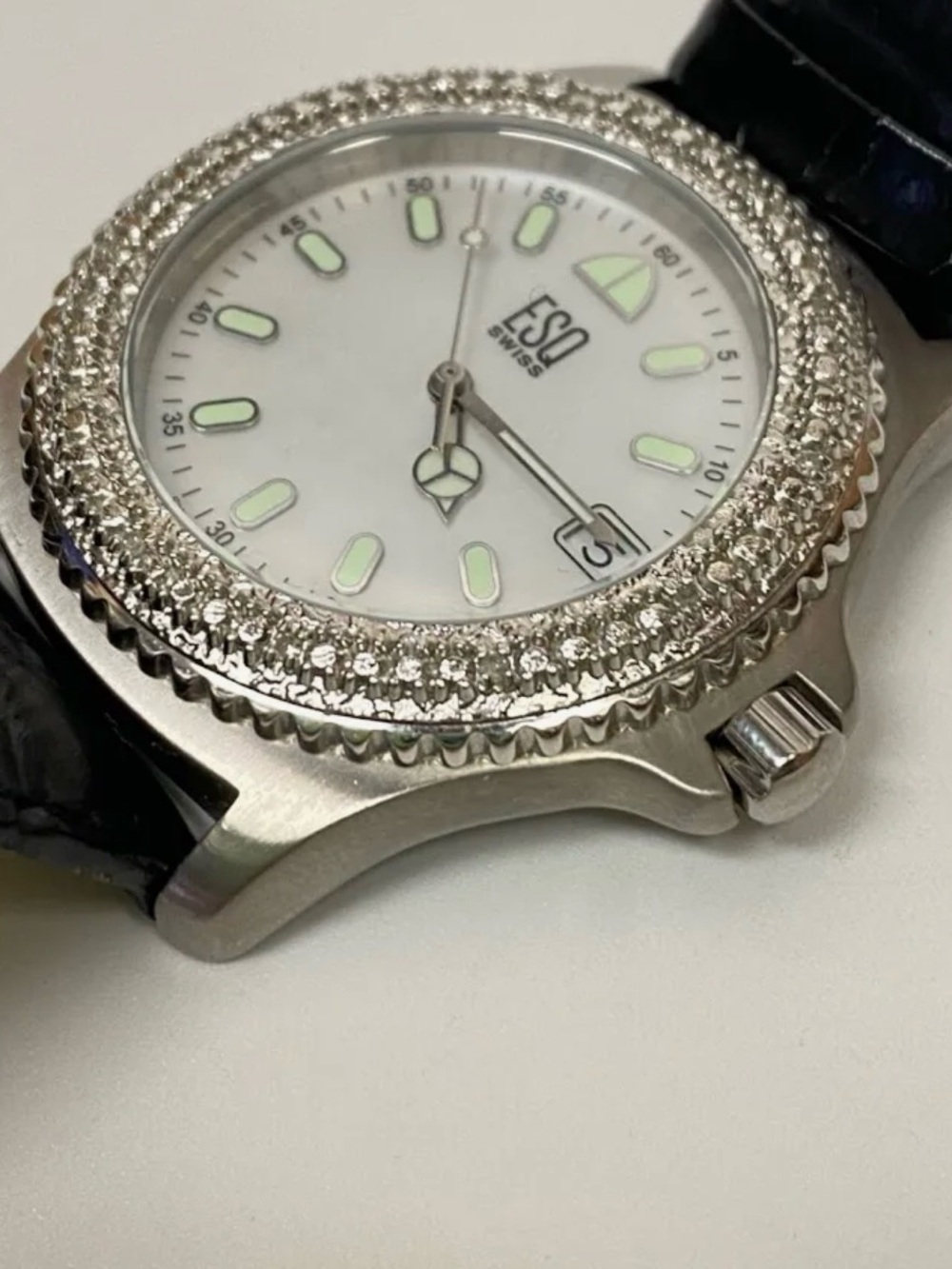 ESQ Women's Silver Watch with Diamond Bezel - White Dial. Glow in the dark hands